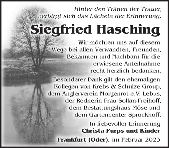 Traueranzeige von Siegfried Hasching von Märkische Oderzeitung