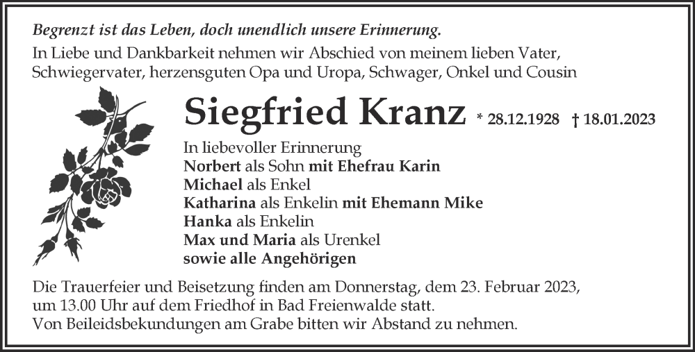  Traueranzeige für Siegfried Kranz vom 11.02.2023 aus Märkische Oderzeitung