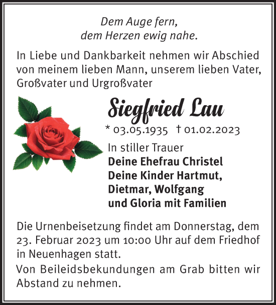 Traueranzeige von Siegfried Lau von Märkische Oderzeitung