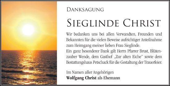 Traueranzeige von Sieglinde Christ von Märkische Oderzeitung