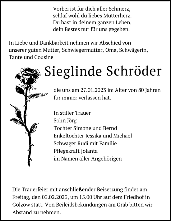 Anzeige Sieglinde Schröder