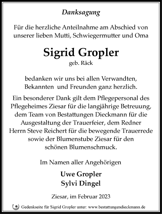 Traueranzeige von Sigrid Gropler von Märkische Oderzeitung