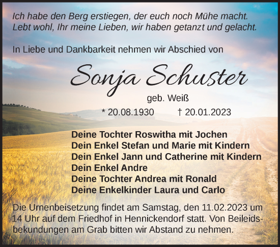 Traueranzeige von Sonja Schuster von Märkische Oderzeitung