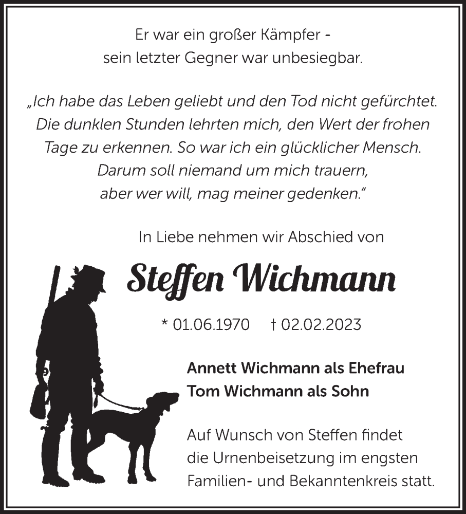  Traueranzeige für Steffen Wichmann vom 11.02.2023 aus Märkische Oderzeitung