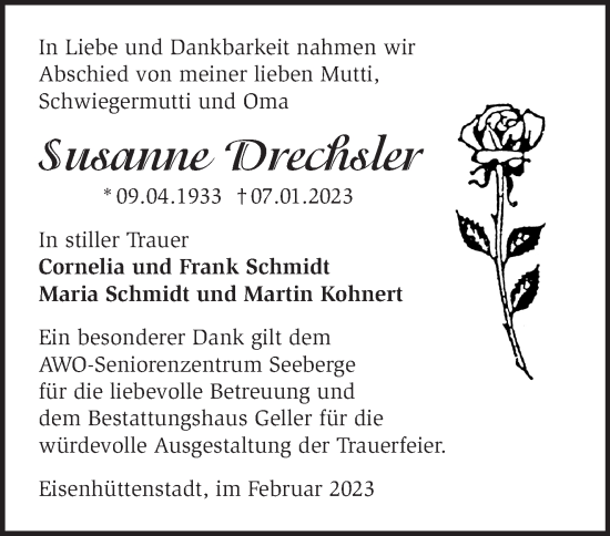 Traueranzeige von Susanne Drechsler von Märkische Oderzeitung