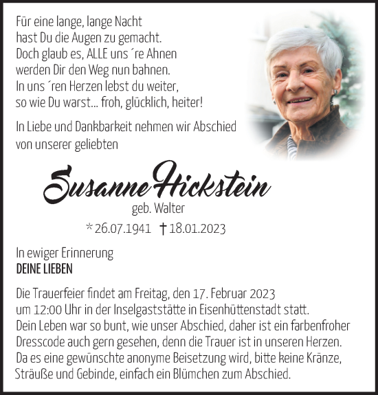 Traueranzeige von Susanne Hickstein von Märkische Oderzeitung