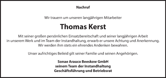 Traueranzeige von Thomas Kerst von Märkische Oderzeitung