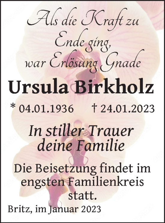 Traueranzeige von Ursula Birkholz von Märkische Oderzeitung