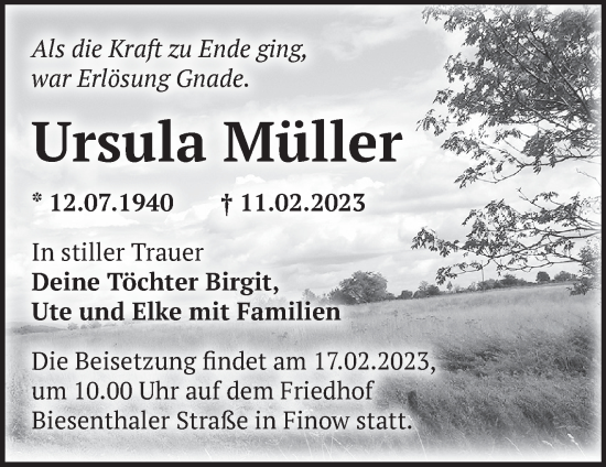 Traueranzeige von Ursula Müller von Märkische Oderzeitung