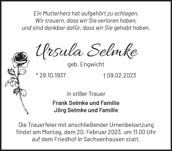 Traueranzeige von Ursula Selmke von Märkische Oderzeitung