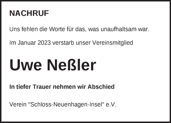 Traueranzeige von Uwe Neßler von Märkische Oderzeitung