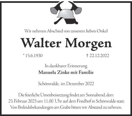 Traueranzeige von Walter Morgen von Märkische Oderzeitung