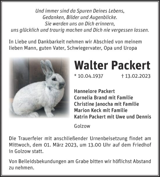 Traueranzeige von Walter Packert von Märkische Oderzeitung