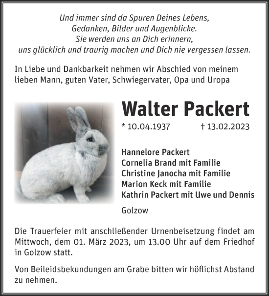 Traueranzeige von Walter Packert von Märkische Oderzeitung