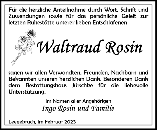 Traueranzeige von Waltraud Rosin von Märkische Oderzeitung