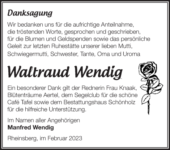 Traueranzeige von Waltraud Wendig von Märkische Oderzeitung