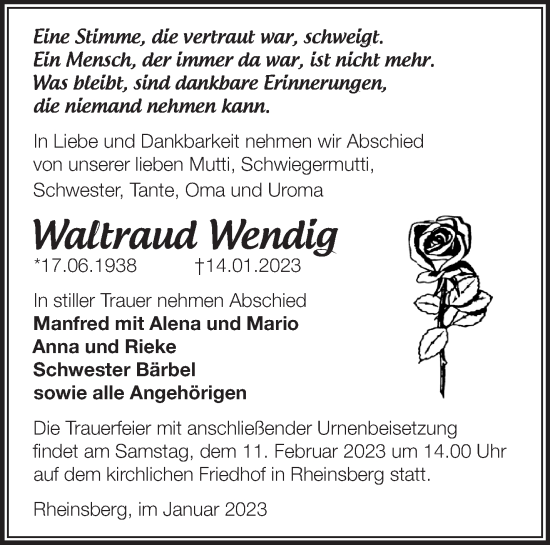 Traueranzeige von Waltraud Wendig von Märkische Oderzeitung