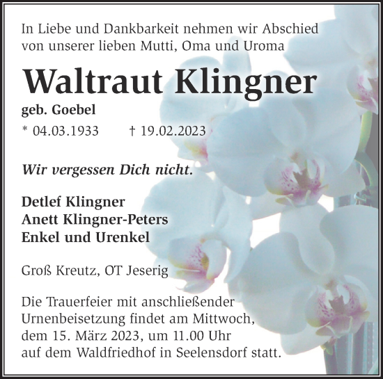 Traueranzeige von Waltraut Klingner von Märkische Oderzeitung