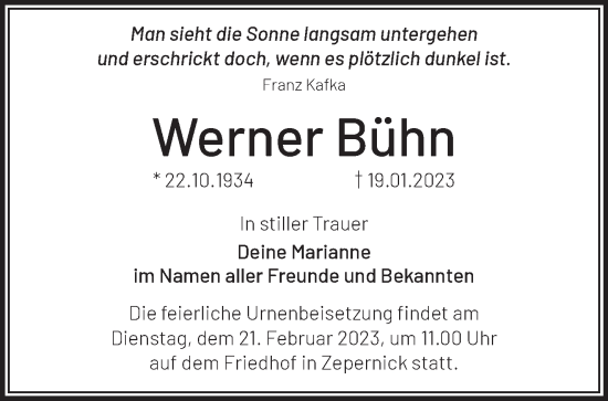 Traueranzeige von Werner Bühn von Märkische Oderzeitung