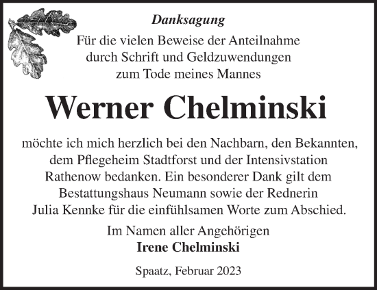 Traueranzeige von Werner Chelminski von Märkische Oderzeitung