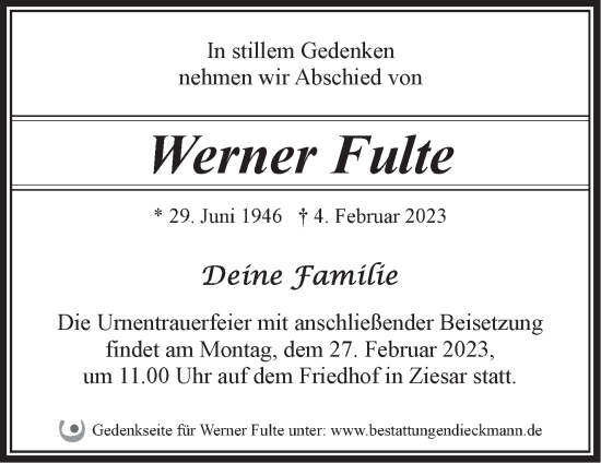 Traueranzeige von Werner Fulte von Märkische Oderzeitung