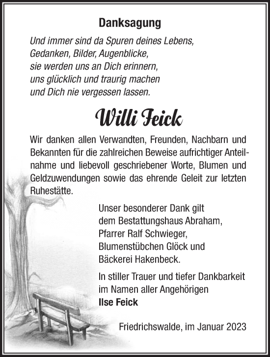 Traueranzeige von Willi Feick von Märkische Oderzeitung