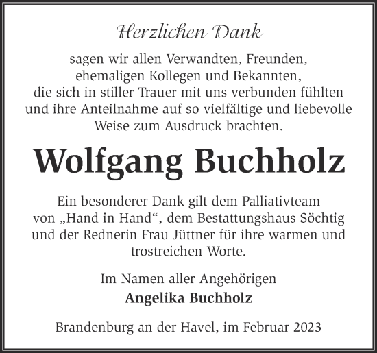 Traueranzeige von Wolfgang Buchholz von Märkische Oderzeitung