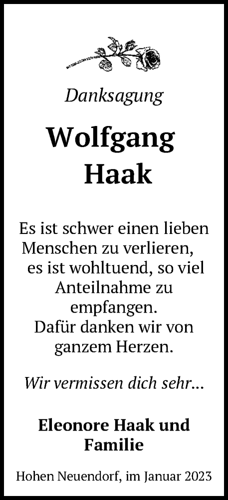 Traueranzeige von Wolfgang Haak von Märkische Oderzeitung