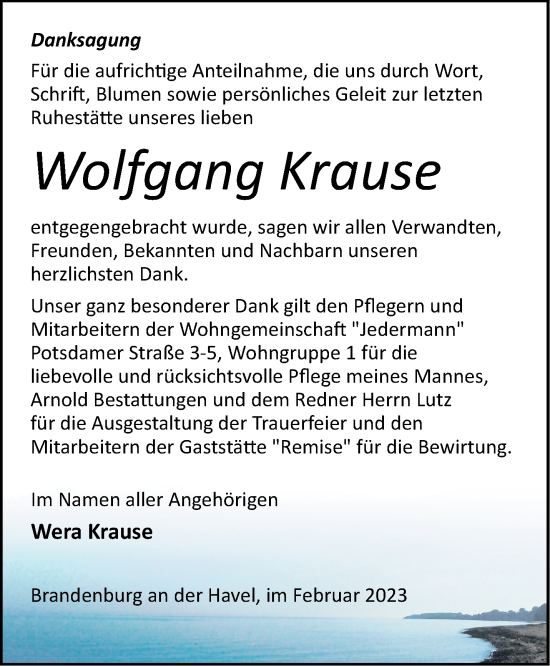 Traueranzeige von Wolfgang Krause von Märkische Oderzeitung