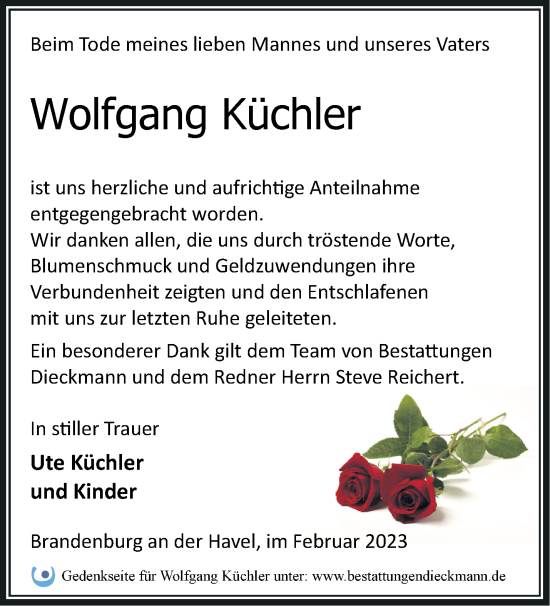 Traueranzeige von Wolfgang Küchler von Märkische Oderzeitung