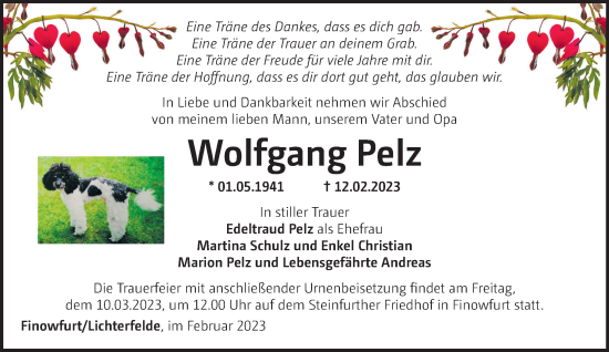 Traueranzeige von Wolfgang Pelz von Märkische Oderzeitung