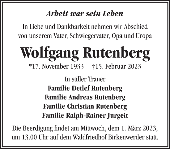 Traueranzeige von Wolfgang Rutenberg von Märkische Oderzeitung