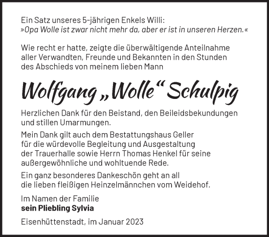 Traueranzeige von Wolfgang Schulpig von Märkische Oderzeitung