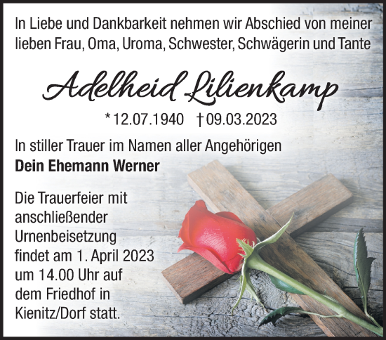 Traueranzeige von Adelheid Lilienkamp von Märkische Oderzeitung