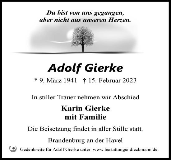 Traueranzeige von Adolf Gierke von Märkische Oderzeitung