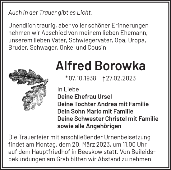 Traueranzeige von Alfred Borowka von Märkische Oderzeitung