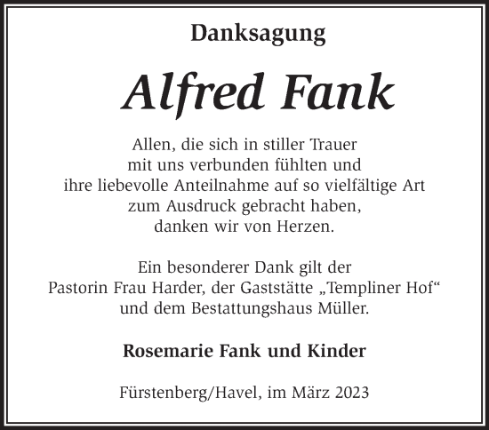 Traueranzeige von Alfred Fank von Märkische Oderzeitung