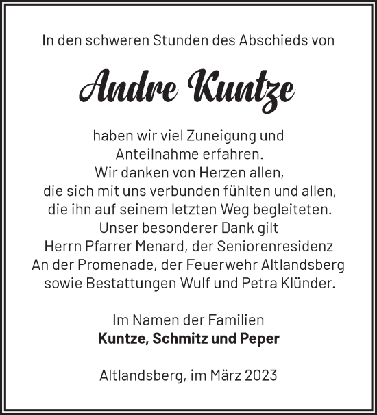 Traueranzeige von Andre Kuntze von Märkische Oderzeitung