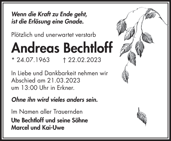 Traueranzeige von Andreas Bechtloff von Märkische Oderzeitung