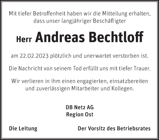 Traueranzeige von Andreas Bechtloff von Märkische Oderzeitung