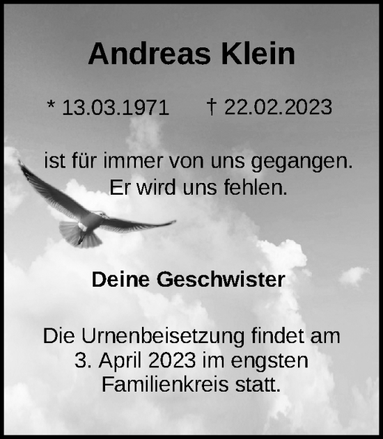 Traueranzeige von Andreas Klein von Märkische Oderzeitung