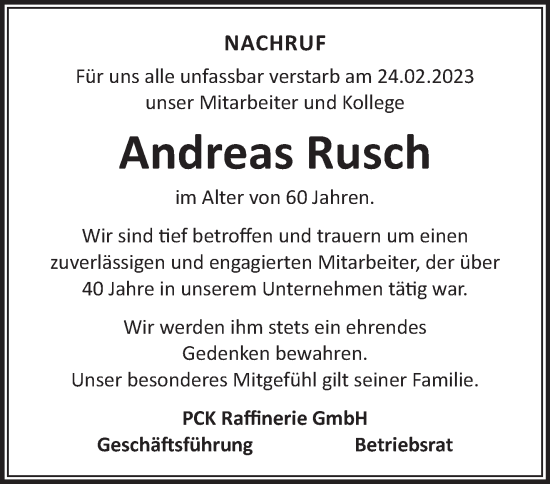 Traueranzeige von Andreas Rusch von Märkische Oderzeitung
