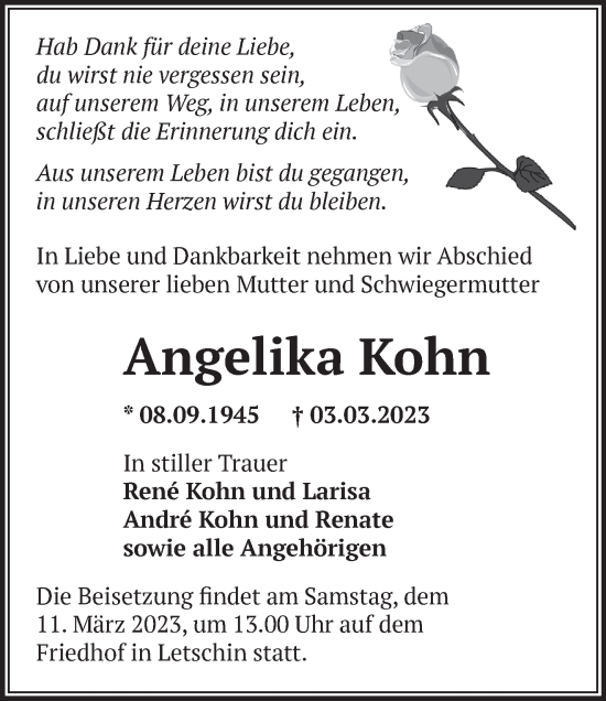 Traueranzeige von Angelika Kohn von Märkische Oderzeitung