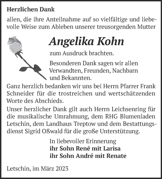 Traueranzeige von Angelika Kohn von Märkische Oderzeitung