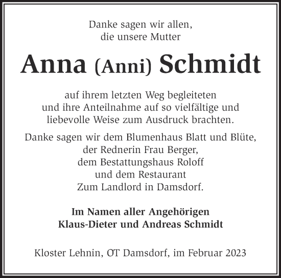 Traueranzeige von Anna Schmidt von Märkische Oderzeitung