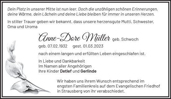 Traueranzeige von Anne-Dore Müller von Märkische Oderzeitung
