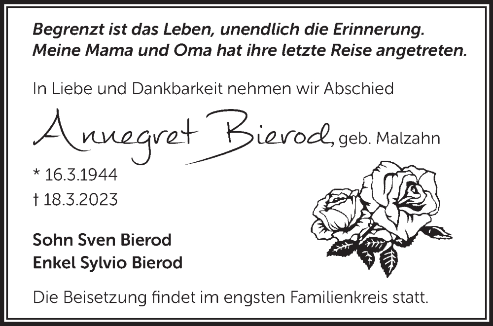  Traueranzeige für Annegret Bierod vom 23.03.2023 aus Märkische Oderzeitung