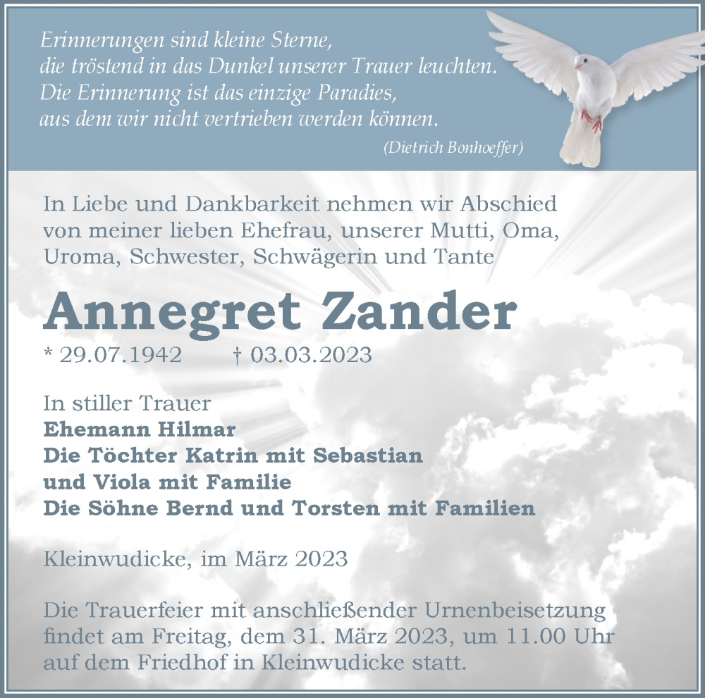  Traueranzeige für Annegret Zander vom 19.03.2023 aus Märkische Oderzeitung