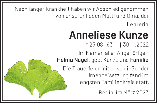 Traueranzeige von Anneliese Kunze von Märkische Oderzeitung