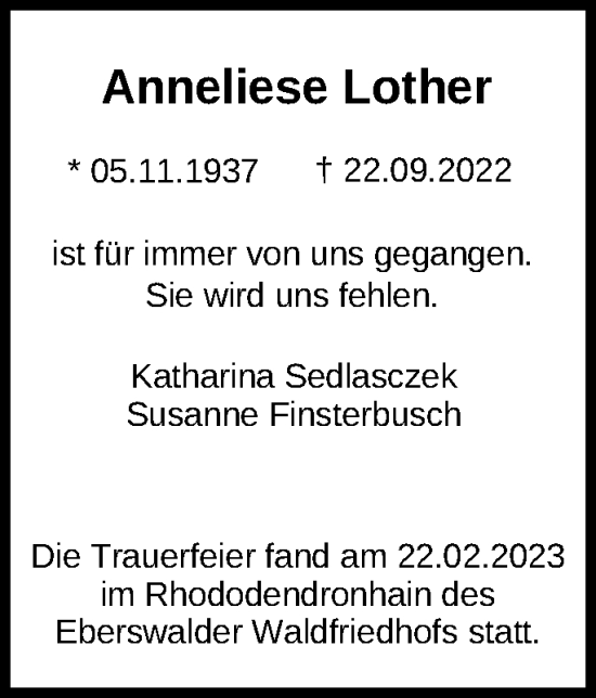 Traueranzeige von Anneliese Lother von Märkische Oderzeitung